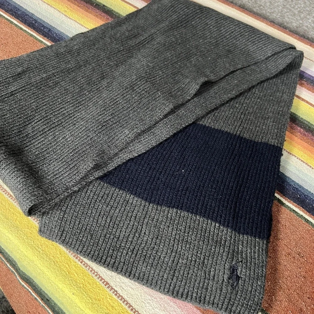 Polo Ralph Lauren Scarf Mens One Size Gray Navy Striped‎ Knit Winter Logo